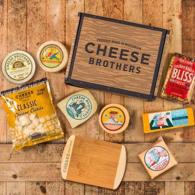 Cheese Bros Family Fest Gift Box with 8 Inch Cutting Board | Fresh from Wisconsin | Includes Baked Bliss, Assorted Cheddar and Gouda Cheeses, Cheese Curds, Alpine-Style Adelheid | Family Gifting Idea