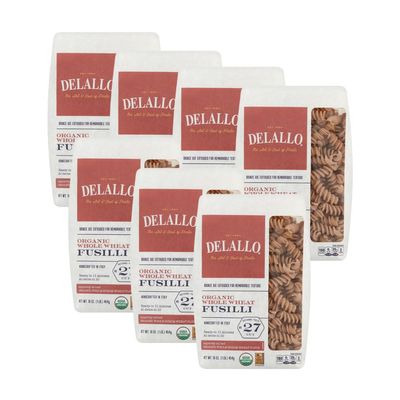 DeLallo Whole Wheat Fusili Pasta, 1 Pound Bag, 7 Pack, 100% Organic, Whole Grain
