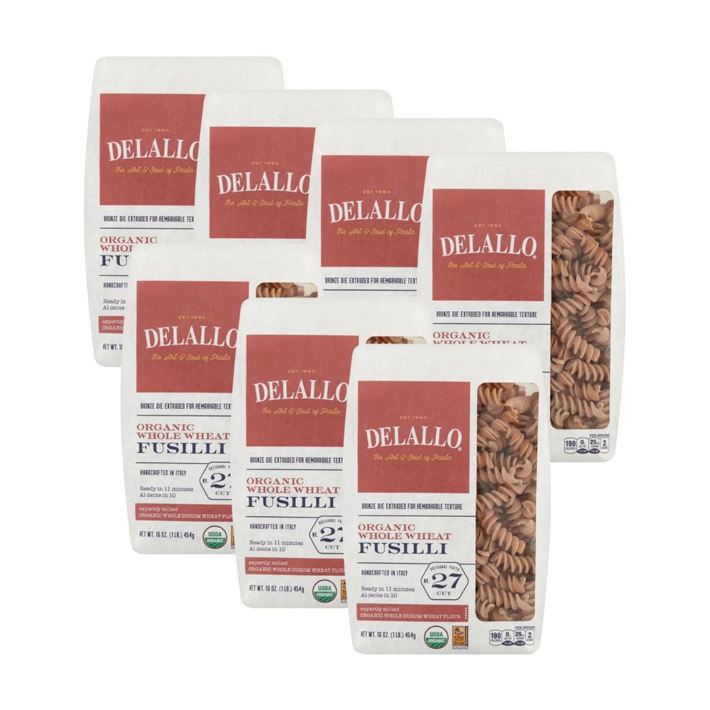 DeLallo Whole Wheat Fusili Pasta, 1 Pound Bag, 7 Pack, 100% Organic, Whole Grain