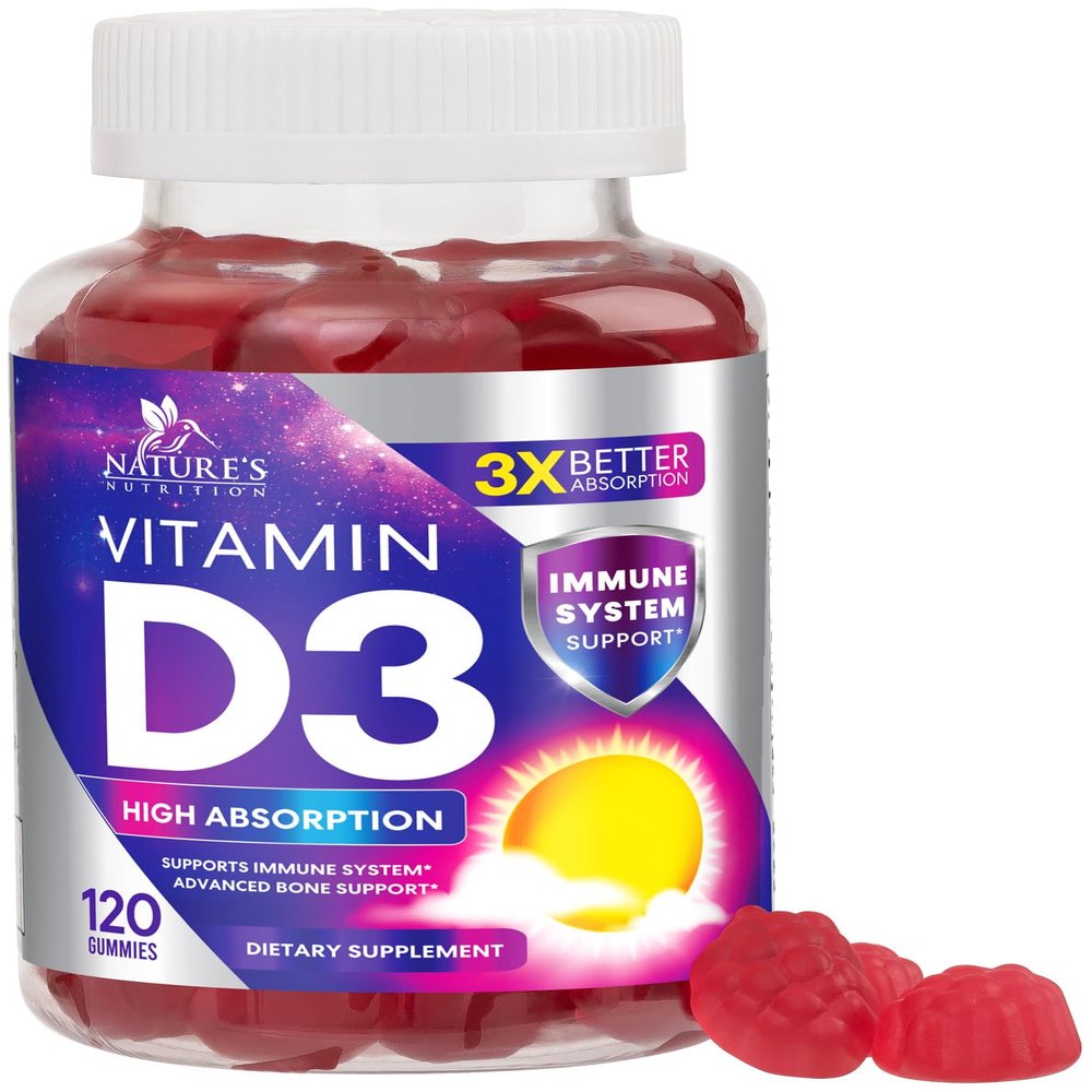 Vitamin D3 Supplement 5000 IU - High Potency D 3 Vitamin Gummy (125 mcg) - Supports Bone, Teeth, Muscle & Immune Health - Nature's Non-GMO & Gluten Free for Women & Men - Berry Flavor - 120 Gummies