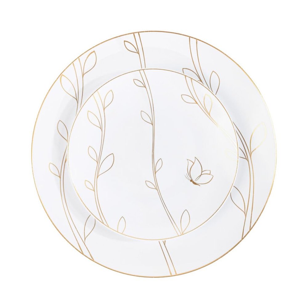 Combo Set 7" Dessert Plates and 10" inch Round White Plastic Plates with Gold Flutter Flower Print, Disposable China Like Party Plate, Heavy Duty Dinner Charger Plate, Salad, Wedding, Tableware (80)