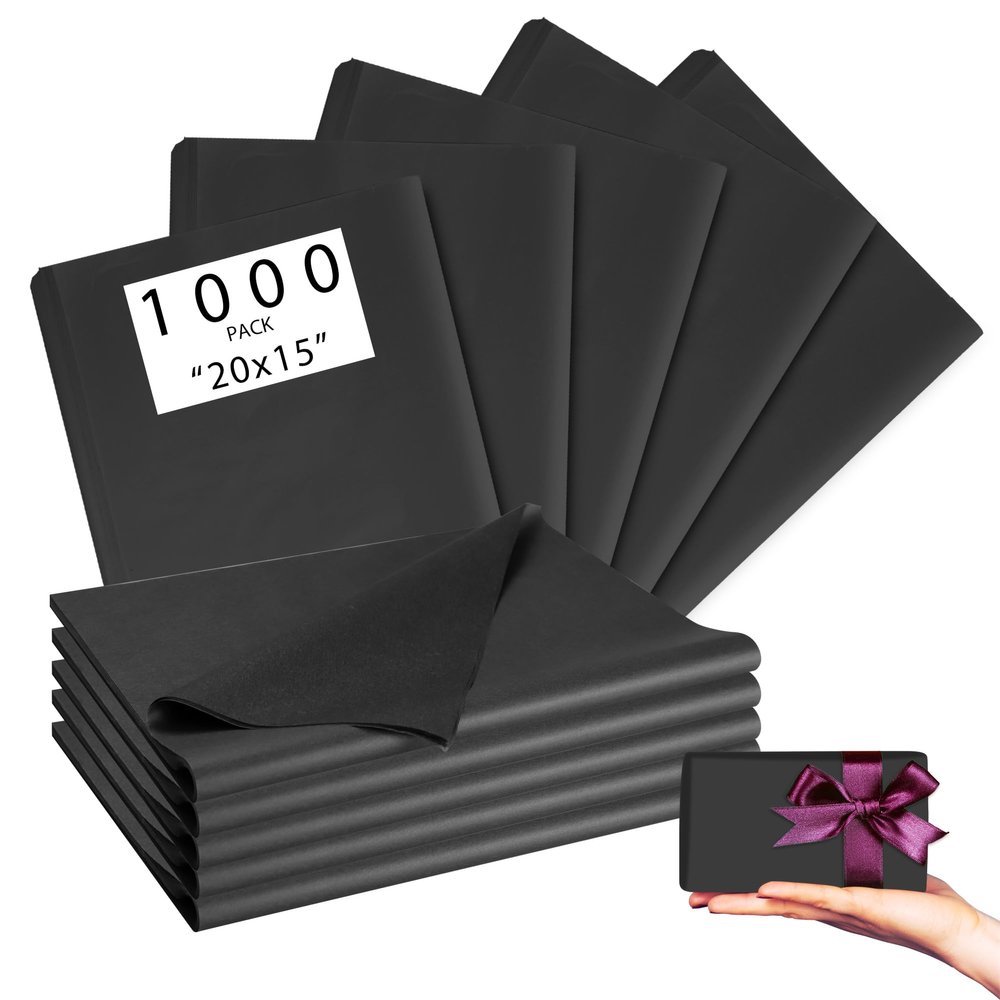 1000 Sheets 20"X15" Black Tissue Paper Bulk for Gift Bags - Wrapping Tissue Paper for Birthday Weddings Showers Gift Packaging Arts Craft Party Favor Decoration Wrapping Supplies