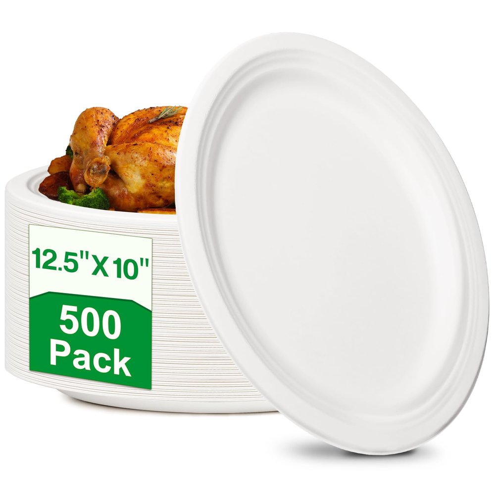 100% Compostable Paper Plates, 500 Pack 10" x 12.5" Inch Paper Plates, Eco-Friendly Heavy Duty Disposable Plates for Picnics, Dinner, Birthday Party, Camping, BBQ