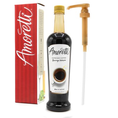 Amoretti - Espresso Coffee Beverage Infusion, 94 Servings Per Bottle (750 ml) - Drink Mix & Water Enhancer with Pump for Flavoring Cocktails, Waters, Teas, and other Beverages, Preservative Free