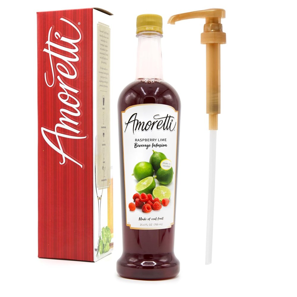 Amoretti - Raspberry Lime Beverage Infusion, 94 Servings Per Bottle (750 ml) - Drink Mix & Water Enhancer with Pump for Flavoring Cocktails, Waters, Teas, and other Beverages, Preservative Free
