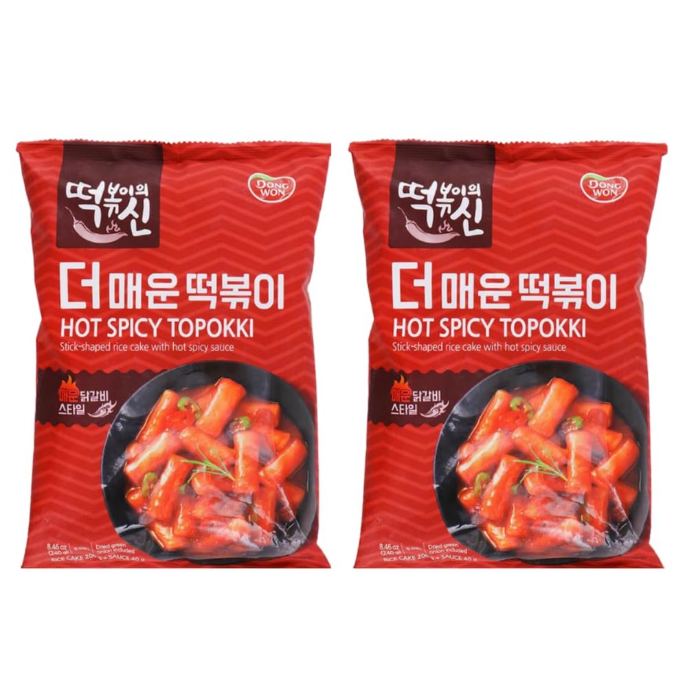 DONG WON Topokki with Hot Spicy Sauce, Korean Rice Cake Stick, Korean Street Food, 8.46 OZ (240 G) - 2 Pack