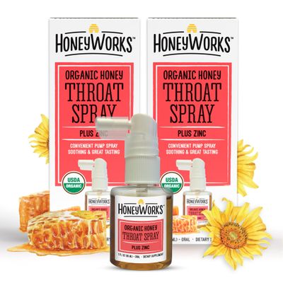 HoneyWorks Adult Throat Spray for Sore Throat Relief, 1 Oz (Pack of 2) Soothing Non-GMO USDA Organic Dark Honey + Zinc, Fast Relief, Ages 12 Years+