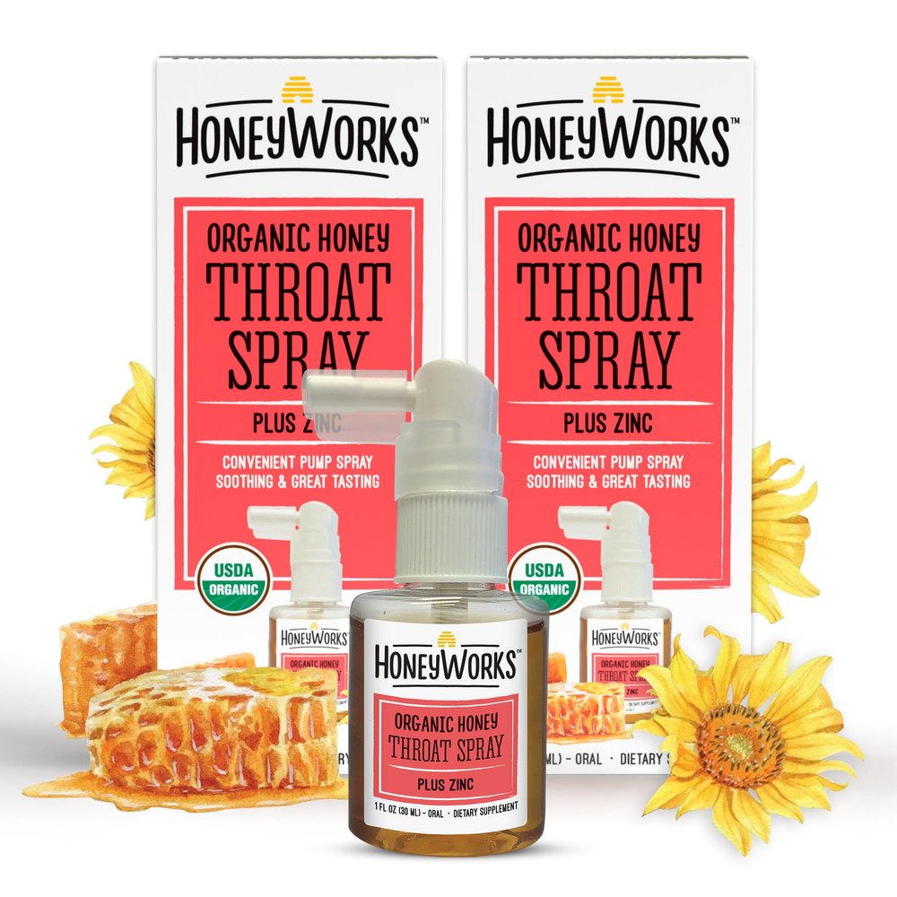 HoneyWorks Adult Throat Spray for Sore Throat Relief, 1 Oz (Pack of 2) Soothing Non-GMO USDA Organic Dark Honey + Zinc, Fast Relief, Ages 12 Years+