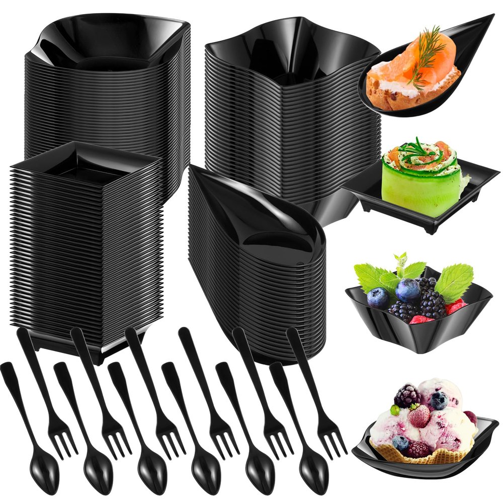 Tessco 400 Pcs Mini Dessert Plates Set, Including 200 Disposable Appetizer Plates Assorted Shape 100 Mini Plastic Forks 100 Plastic Spoons for Party Birthday(Black)