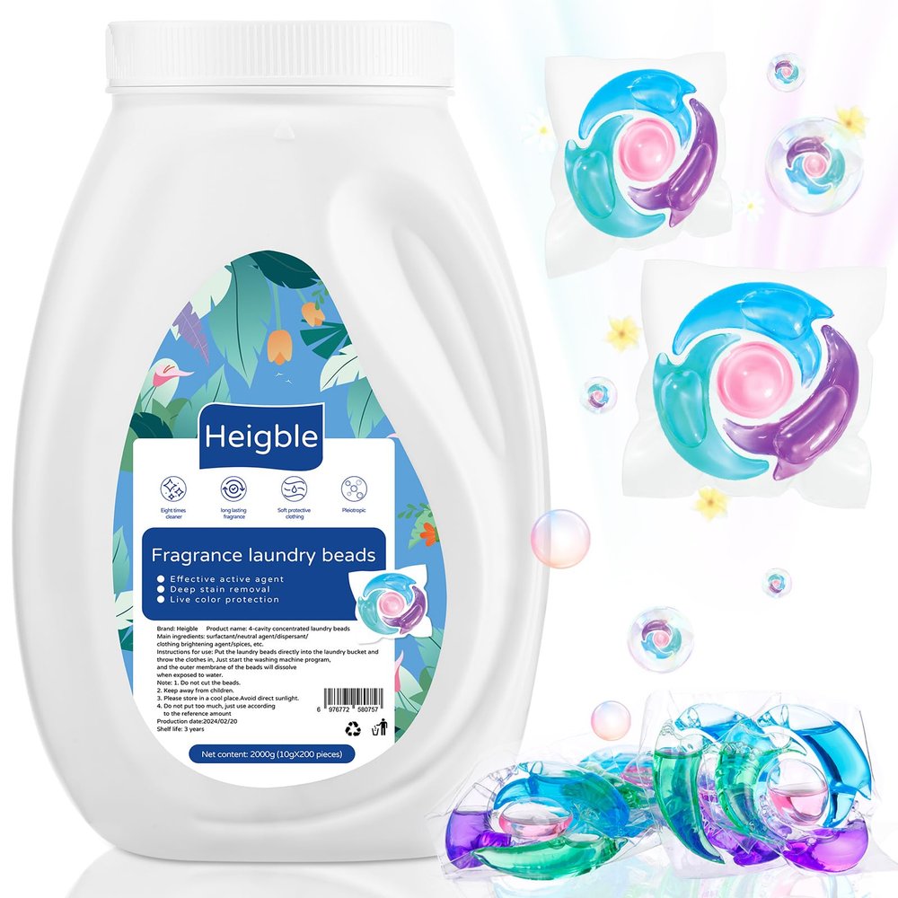 Heigble 200 Count Laundry Detergent Pods Bulk 4 in 1 Washing Machine Detergent Pods Ultra Concentrated Tackles Tough Odors, Fruity Aroma