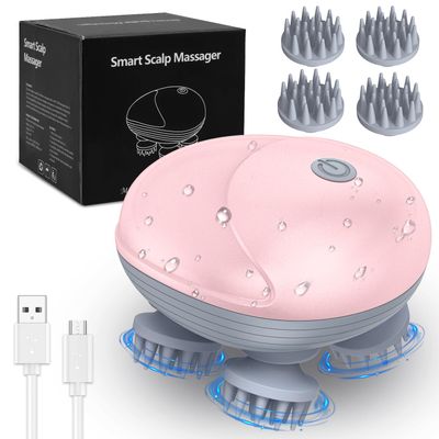 AMIR Electric Scalp Massager, Portable Head Scratcher with 96 Kneading Nodes, Handheld for Stress Relief and Pain Relief, Ideal Valentines Day Gift for Her/Him (Pink)
