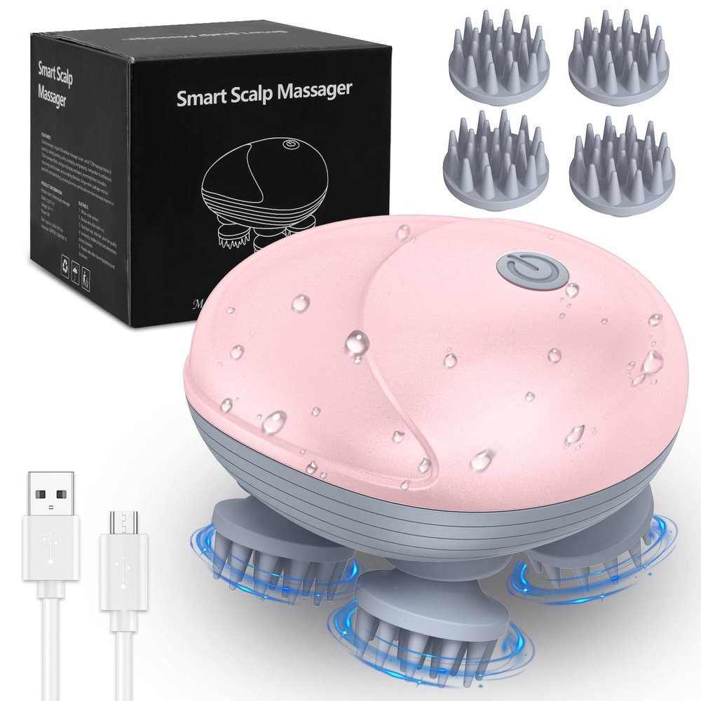 AMIR Electric Scalp Massager, Portable Head Scratcher with 96 Kneading Nodes, Handheld for Stress Relief and Pain Relief, Ideal Valentines Day Gift for Her/Him (Pink)