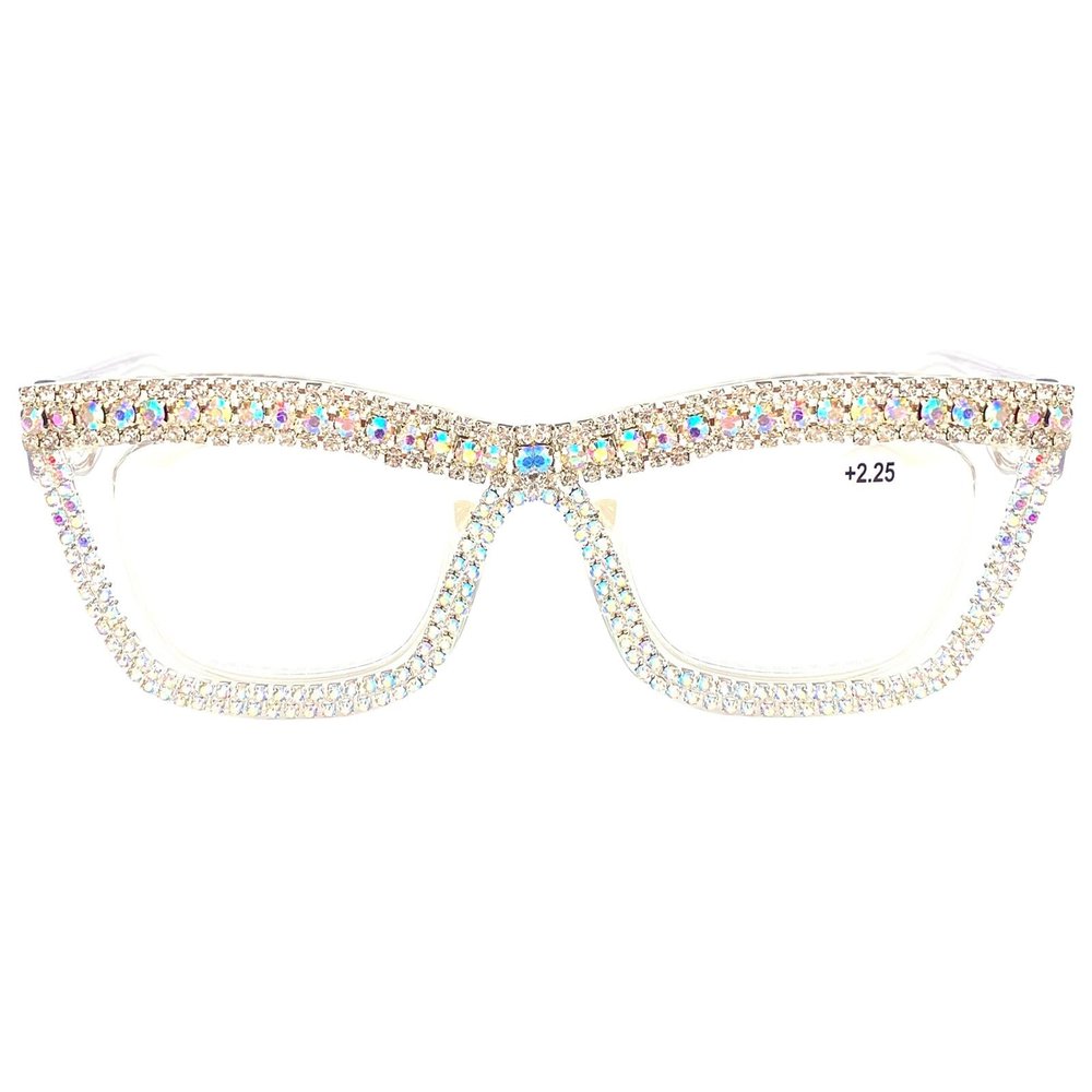 mincl Square Crystal Rhinestone Reading Glasses for Women Sparkling Eyewear Female Trendy Anti Blue Light bling Diamond Reader (clear, 2.75, x)
