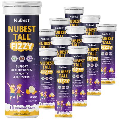 NuBest Tall Fizzy | Bone Strength, Immunity, Digestive Health for Kids Age 4+ & Teens | Probiotic, Calcium, Magnesium from Red Marine Algae, Vitamins | Orange Effervescent Tablets | Pack 12