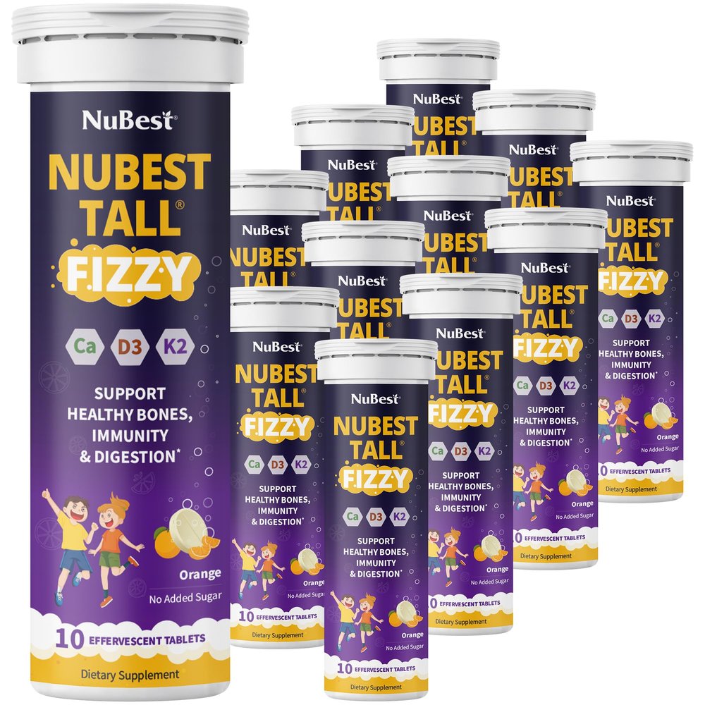 NuBest Tall Fizzy | Bone Strength, Immunity, Digestive Health for Kids Age 4+ & Teens | Probiotic, Calcium, Magnesium from Red Marine Algae, Vitamins | Orange Effervescent Tablets | Pack 12