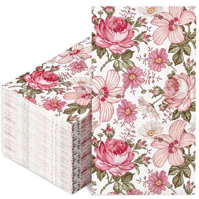 80Pcs Vintage Floral Guest Napkins Pink Boho Floral Disposable Paper Napkins Retro Flower Dinner Hand Napkin for Party Supplies Table Decorations