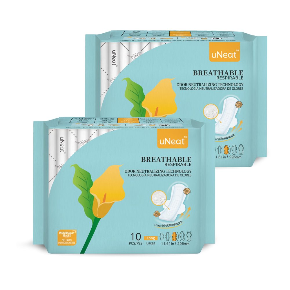 uNeat Ultra Thin Sanitary Pads for Women, Long Overnight Period Pads with Wings, Feminine Care, Heavy Absorbency, Unscented, Sanitary Napkins, (Size 3, 20 Count)