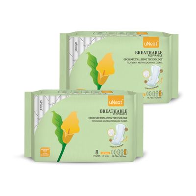 uNeat 2X Long with Wings Ultra Thin Sanitary Pads, Unscented, Eliminates Odor, Heavy Absorbency, Overnight, Individually Sealed (2X Long, 8 Count/Pack,2-Pack)