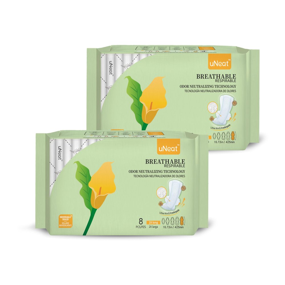 uNeat 2X Long with Wings Ultra Thin Sanitary Pads, Unscented, Eliminates Odor, Heavy Absorbency, Overnight, Individually Sealed (2X Long, 8 Count/Pack,2-Pack)