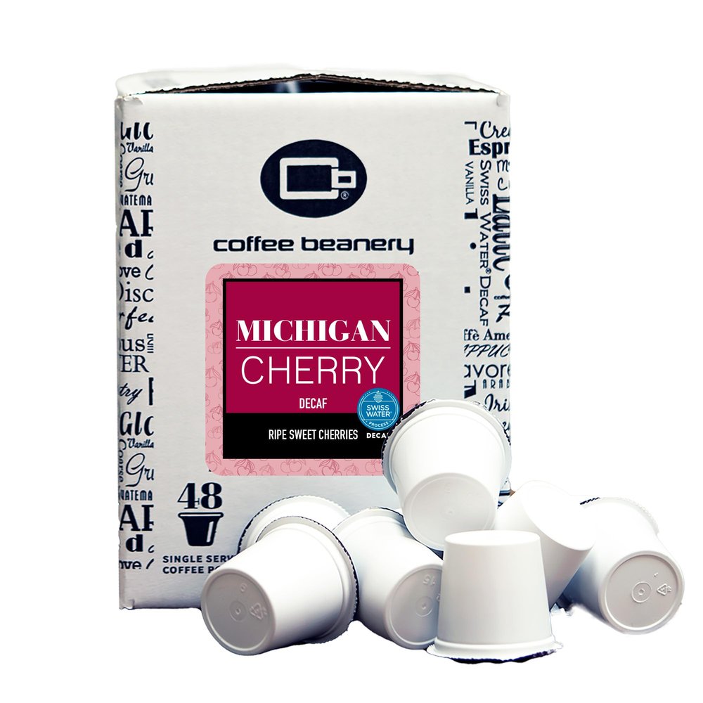 Coffee Beanery Michigan Cherry Decaf Coffee Pods | Medium Roast Arabica Coffee - 96ct Gourmet Flavored Decaf