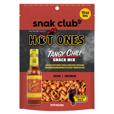 Snak Club x Hot Ones Tangy Chili Snack Mix, Mild Spicy Snacks with Peanuts, Pretzels, Sesame Sticks, Toasted Corn & Cashews, Inspired by Hot Ones Hot Sauce, 10 oz Bag