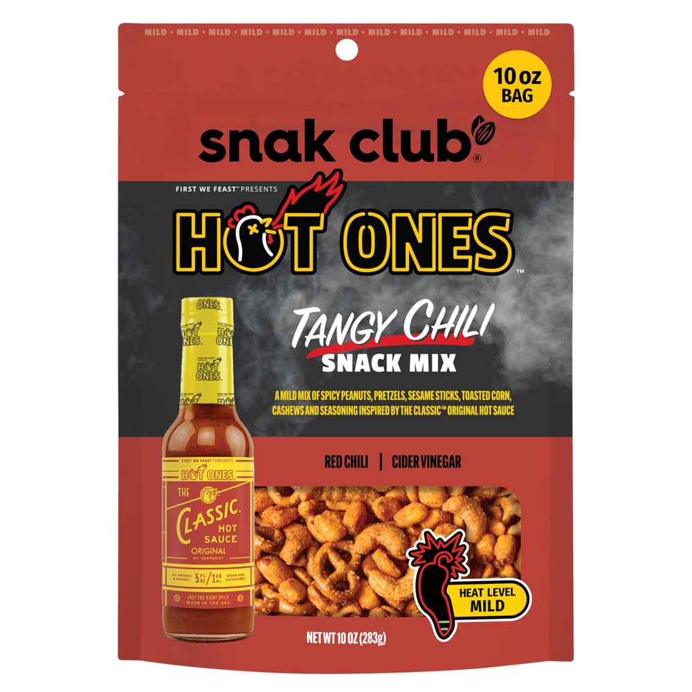 Snak Club x Hot Ones Tangy Chili Snack Mix, Mild Spicy Snacks with Peanuts, Pretzels, Sesame Sticks, Toasted Corn & Cashews, Inspired by Hot Ones Hot Sauce, 10 oz Bag