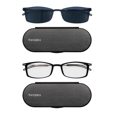 ThinOptics Bundle - Reading Glasses and Sunglasses with Cases - Ultra Thin, Durable, Lightweight - Rectangle Black 1.5x