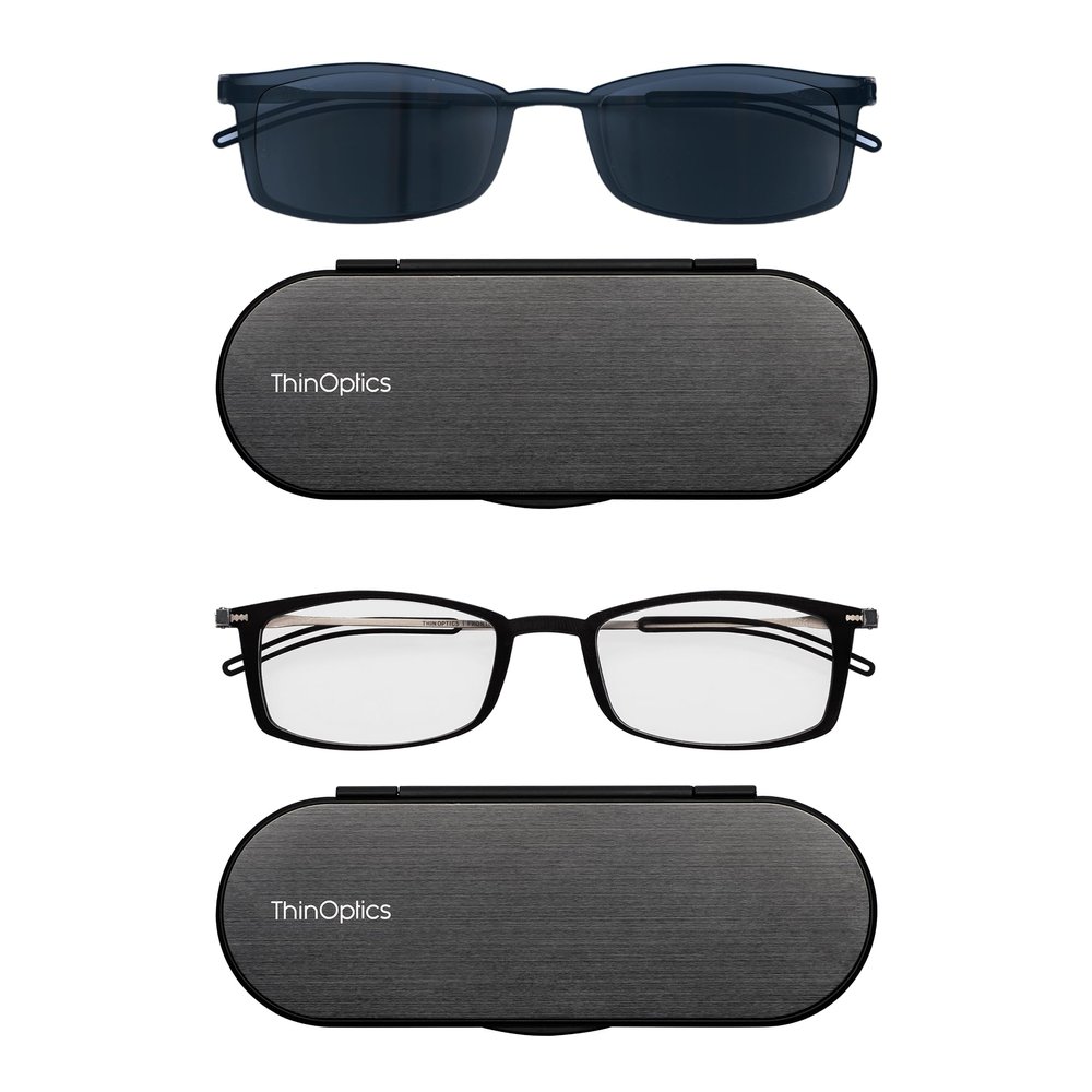 ThinOptics Bundle - Reading Glasses and Sunglasses with Cases - Ultra Thin, Durable, Lightweight - Rectangle Black 1.5x