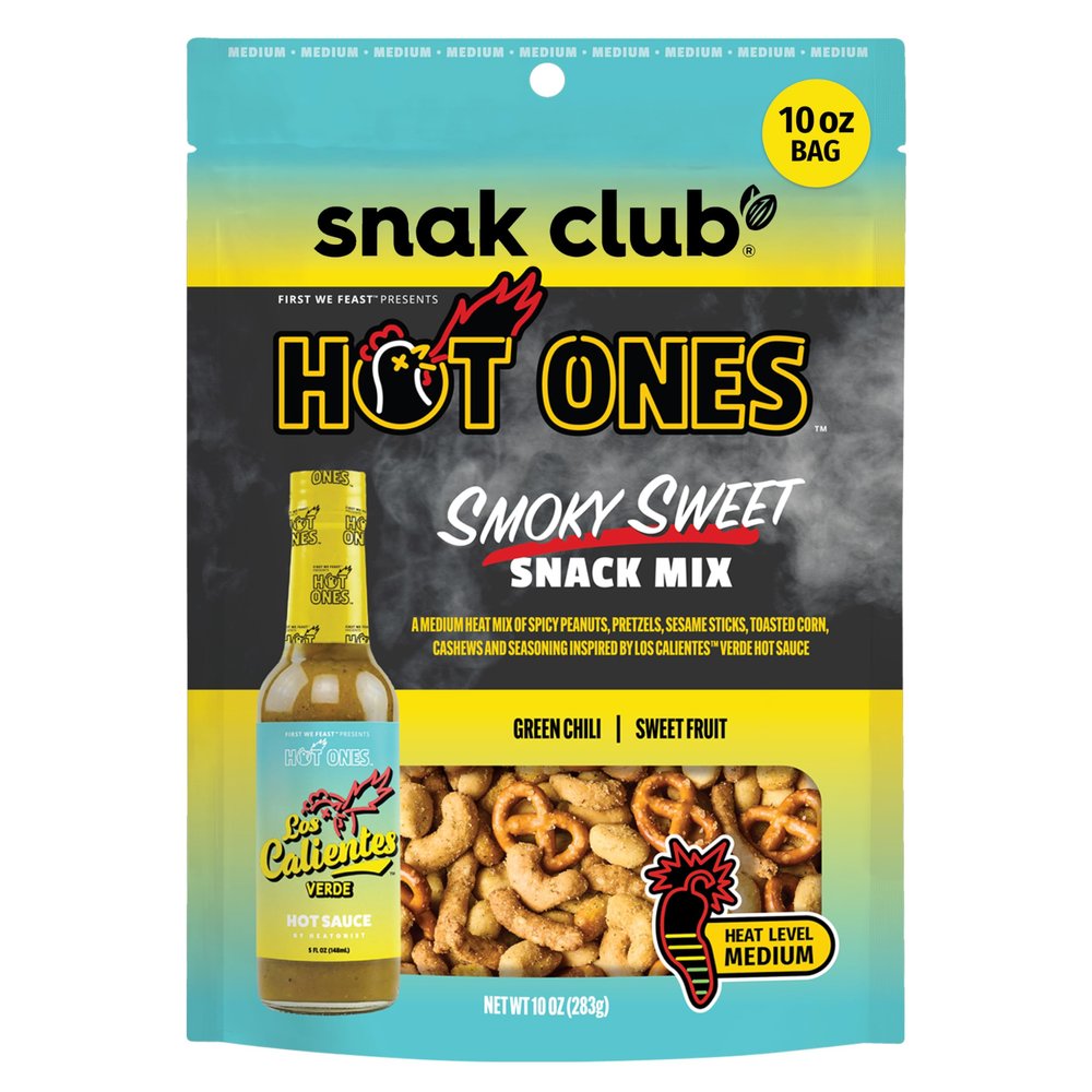 Snak Club x Hot Ones Snack Mix, Smoky Sweet, Spicy Snacks with Peanuts, Pretzels, Sesame Sticks, Toasted Corn, Cashews, Inspired by Hot Ones, Vegan Snack, 10 oz Resealable Bag