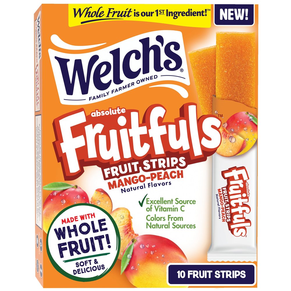 Welch's Absolute Fruitfuls Fruit Strips, Tasty Dried Fruit Snacks for School Lunches, Mango Peach, 0.5oz (Pack of 10)