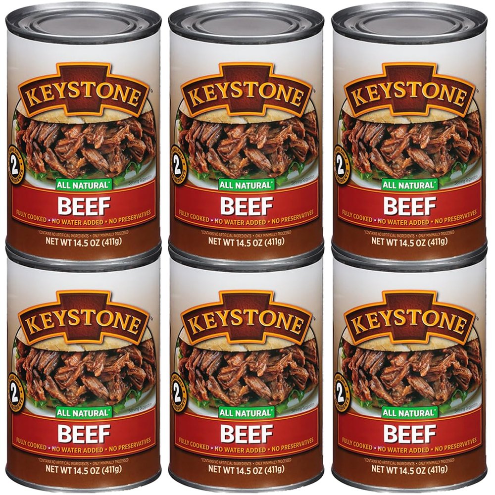 Keystone Meats All Natural Heat and Serve Canned Beef 14.5 oz Fully Cooked Canned Meat Ready to Eat 5-Year Shelf Life Pantry Staple for Everyday Meals, Emergency Survival Food Made in USA Pack of 6