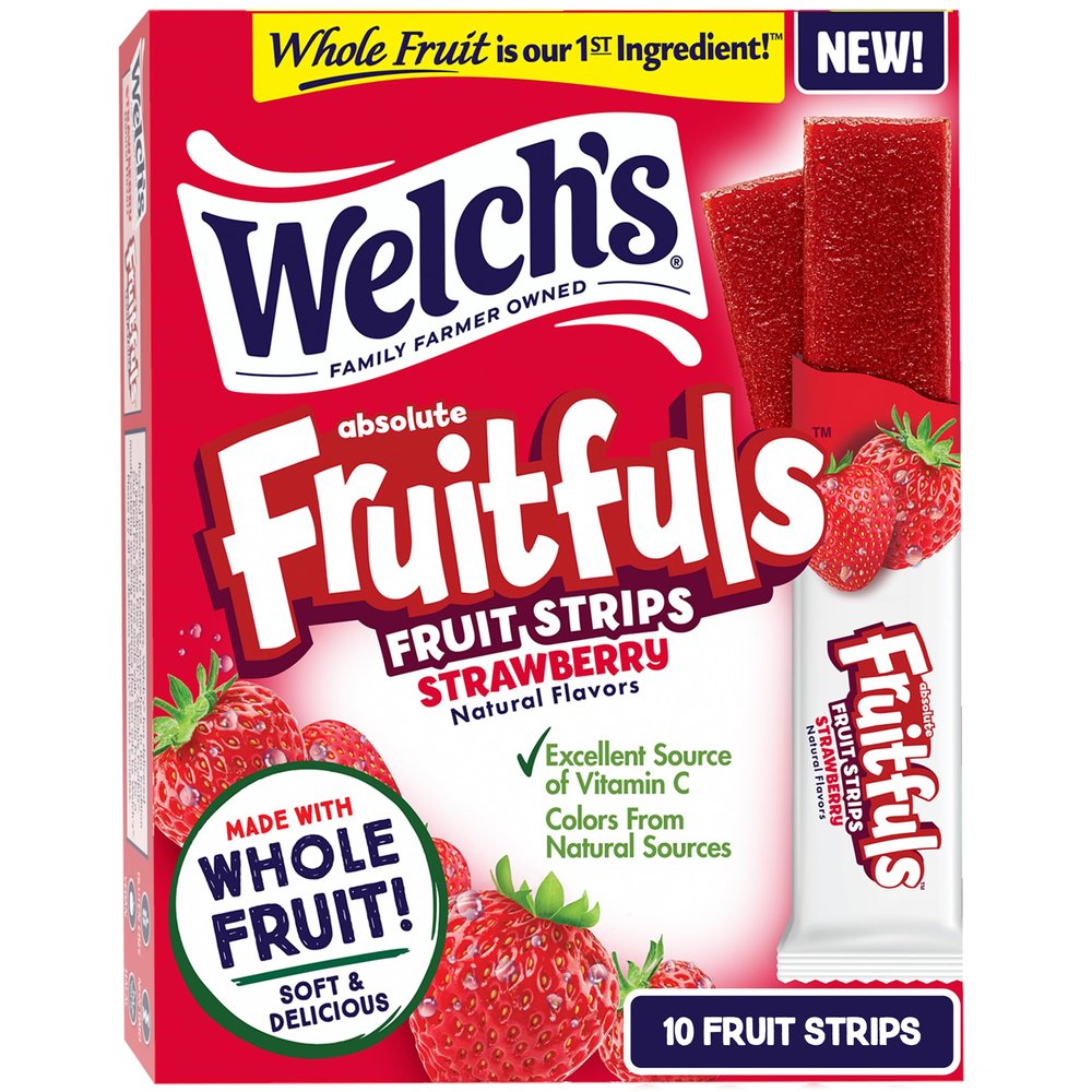 Welchs Absolute Fruitfuls Fruit Strips, Tasty Dried Fruit Snacks for School Lunches, Strawberry, 0.5oz (Pack of 10)