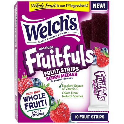 Welchs Absolute Fruitfuls Fruit Strips, Tasty Dried Fruit Snacks for School Lunches, Berry Medley, 0.5oz (Pack of 10)
