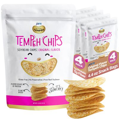 Jans Tempeh Chips, 4.4 oz 3g Protein & 5g Fiber, Plant Based Potato Chips Alternative No Added Sugar Vegan Soybean Snack | A Traditional Indonesian Snack, Exotic Fusion, Taste the Authenticity (Pack of 4, Original)