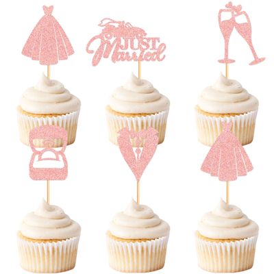 Cyodoos 25 Pcs Bride and Groom Cupcake Toppers Wedding Dress Diamond Ring Cupcake Picks Bridal Shower Wedding Engagement Anniversary Party Cake Decorations Supplies Rose Gold
