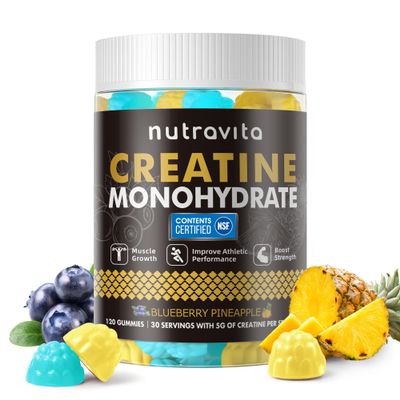 Nutravita NSF Certified Creatine Gummy - Creatine Monohydrate Gummies for Men & Women-5g of Creatine Monohydrate per Serving - Sugar Free,Vegan,Blueberry Pineapple Flavor, 120 Count