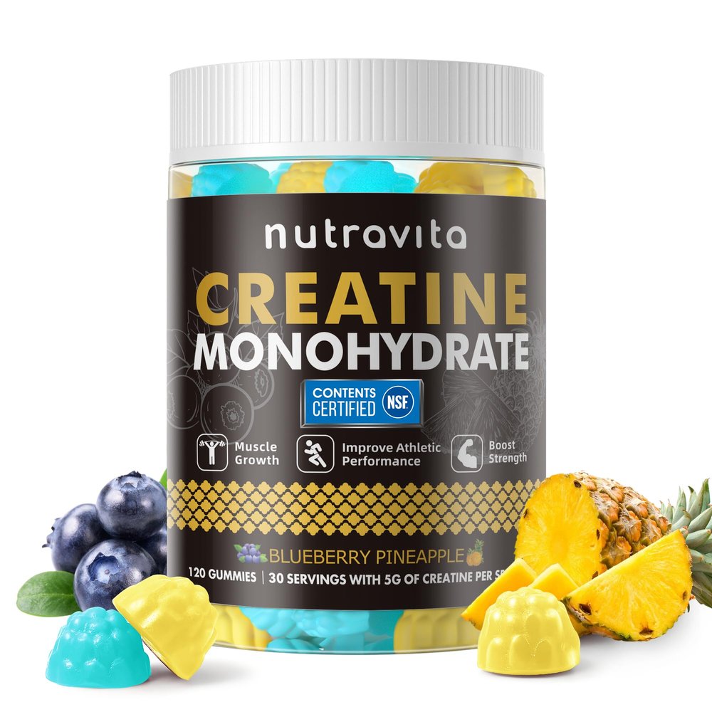 Nutravita NSF Certified Creatine Gummy - Creatine Monohydrate Gummies for Men & Women-5g of Creatine Monohydrate per Serving - Sugar Free,Vegan,Blueberry Pineapple Flavor, 120 Count