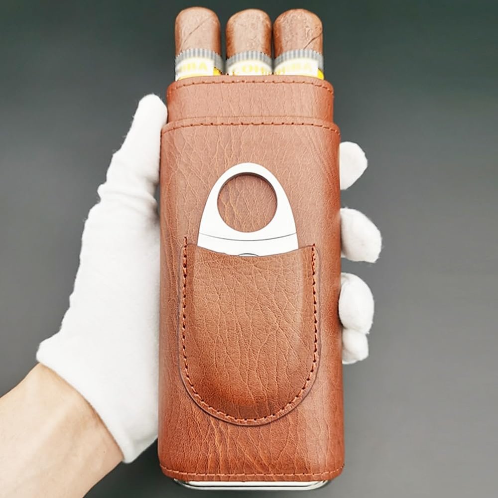 RAPPRG Cigar Case, 3-Finger Cigar Box with Stainless Steel Cigar Cutter, Leather Travel Cigar Humidor Portable for Cigar Lovers Father Husband Son, Cigar Smoker Friends (Color : Brown)