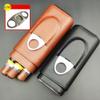 RAPPRG Cigar Case, 3-Finger Cigar Box with Stainless Steel Cigar Cutter, Leather Travel Cigar Humidor Portable for Cigar Lovers Father Husband Son, Cigar Smoker Friends (Color : Brown) view 2