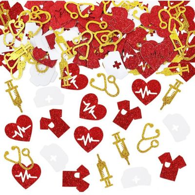 100Pcs Nurse Confetti Congrats Nurse Graduation Confetti LPN Glitter Red White Gold Nurse Graduation Decorations for Medical RN Graduation Party Table Decorations