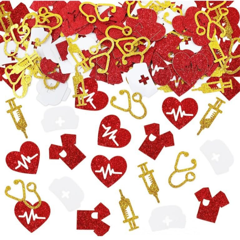 100Pcs Nurse Confetti Congrats Nurse Graduation Confetti LPN Glitter Red White Gold Nurse Graduation Decorations for Medical RN Graduation Party Table Decorations