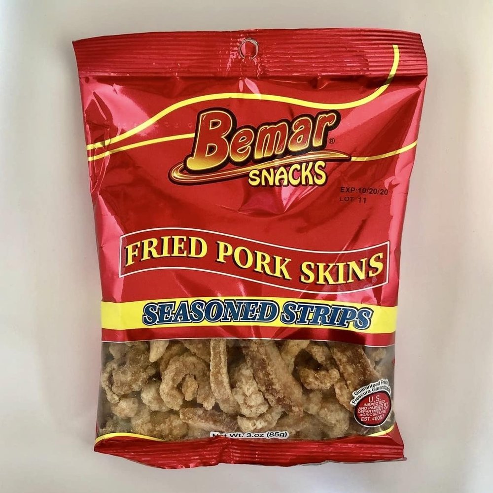 Bemar Snacks Fried Pork Skins Seasoned Strips 3 bags/3oz per bag