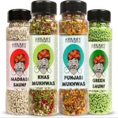 HARIBAS Mukhwas Pack of 4 Punnjabi Mukhwas, Green Mukhwas, Madrasi Mukhwas, Khas Mukhwas_Packing May Vary