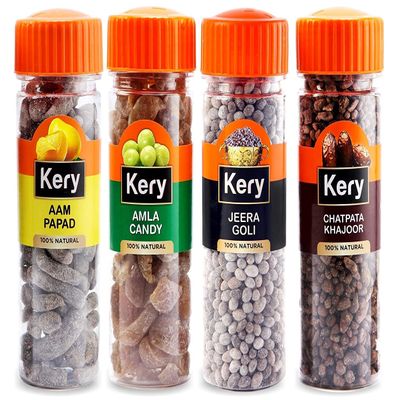 Kery Fresh Combo Mango Slice Aam Papad , Jeera Goli, Amla Candy, Chatpata Khajoor Mouth Fresheners (4 Bottles) 515g_Packing May Vary