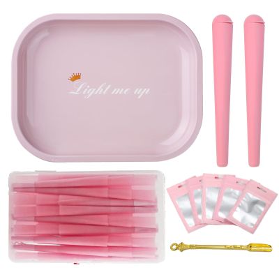 50Pcs Pink Rolling Tray Kit Includes Metal Tray, 40Pack 110MM Pre-Rolled Cones, Storage Tubes, Sealable Bags, Mini Spoon, Rolling Set (50pcs-L-Pink)