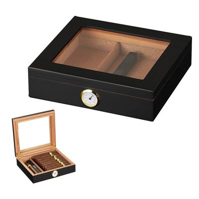 DNZOGW Cigar HumidorHumidor Cigar Box Glass Top Cigar Box With Hygrometer Humidifier And Divider, Desktop Cedar Wood Storage Case Holds 20 Cigars, 24cm*21.5cm*6.6cm, black, FYXJ01
