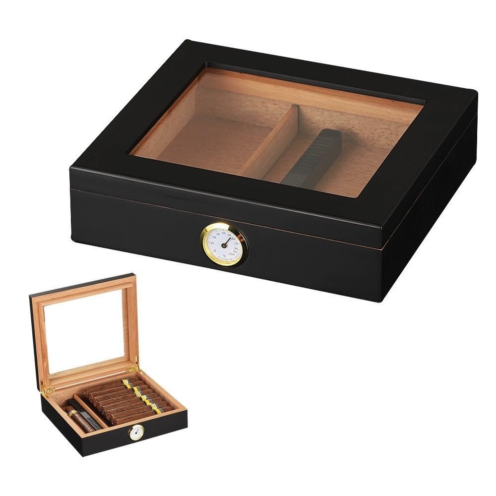 DNZOGW Cigar HumidorHumidor Cigar Box Glass Top Cigar Box With Hygrometer Humidifier And Divider, Desktop Cedar Wood Storage Case Holds 20 Cigars, 24cm*21.5cm*6.6cm, black, FYXJ01