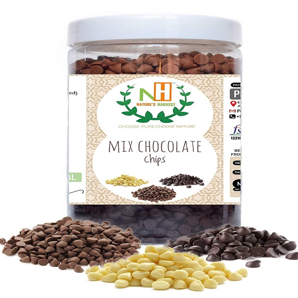 NATURE'S HARVEST : Premium Mix Chocolate Chips Jar Dark, Milk and White (400g)_Packing May Vary