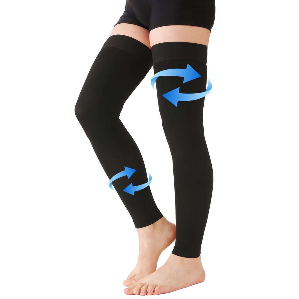Extra Wide 20-30mmHg Thigh High Compression Stockings 5XL with Silicone Grip Top & Footless  Opaque Firm Graduated Support Hose for Varicose Veins, Lymphedema, DVT, Swelling & Travel Black