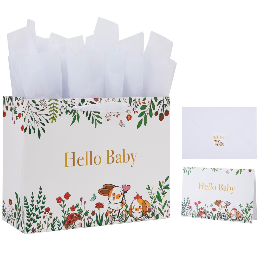 13" Large White Gift Bag Set with Greeting Card and Tissue Papers (Hello Baby Design) for Girls' Birthday Party, Baby Shower, Baby Girl or Boy, Women's Birthday Parties - 13x5.2x10.2, 1 Pcs.
